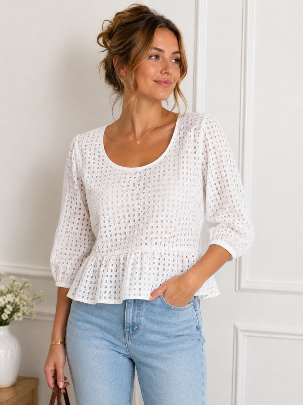 Club Monaco White Eyelet Puff Sleeve Peplum Top S
